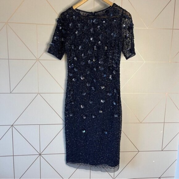NWT Anthropologie BHLDN Adrianna Papell Petaluma Floral Sequin Dress Navy Blue - Picture 2 of 8